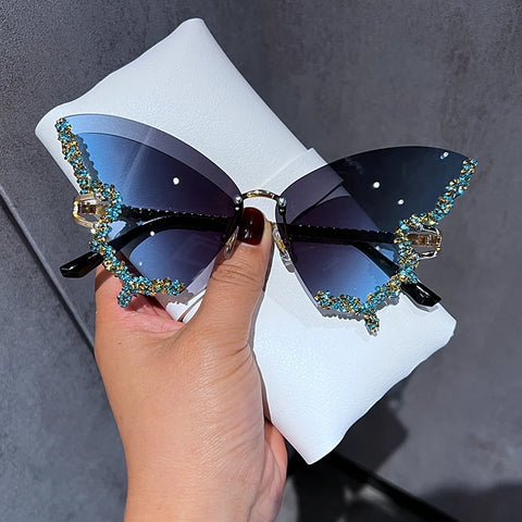 Luxury Diamond Butterfly Sunglasses Women – Y2K Vintage Rimless Oversized Eyewear