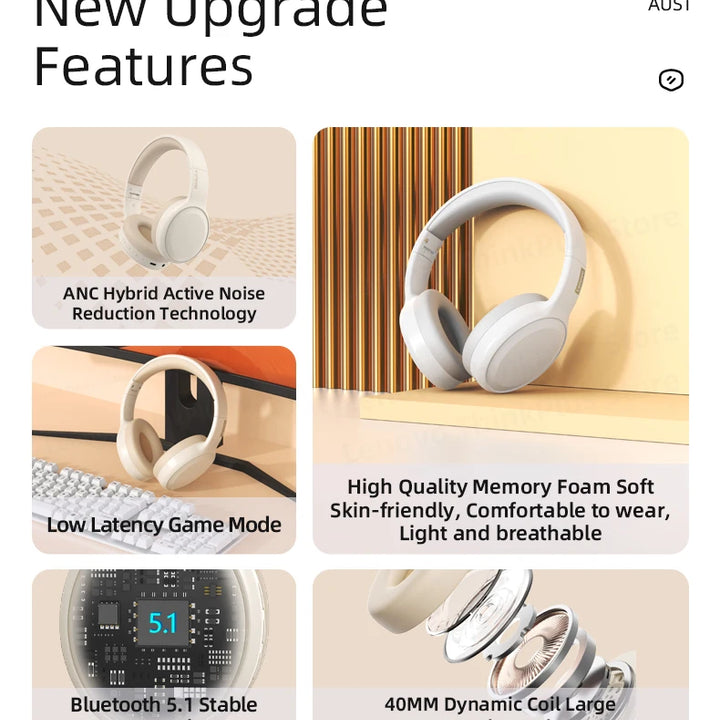 Original Lenovo TH30 Wireless Bluetooth Earphones – Foldable Headset for Sports and Gaming