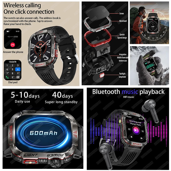 Next-Gen Wearable: LED Flashlight Smartwatch for Men - 600mAh, Bluetooth Calls & Heart Rate
