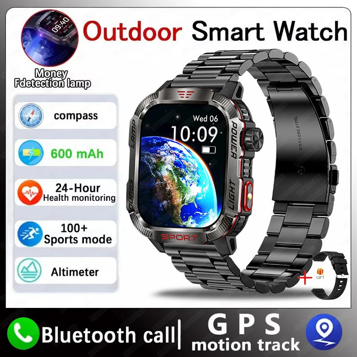 Next-Gen Wearable: LED Flashlight Smartwatch for Men - 600mAh, Bluetooth Calls & Heart Rate