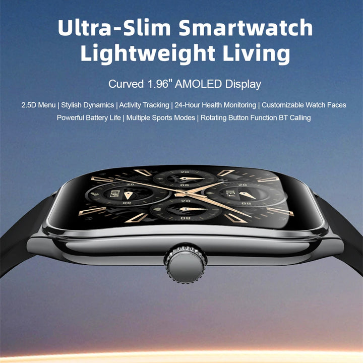 2025 Ultra-Thin Smartwatch 7.5mm – 1.96" AMOLED, BT Calls, Fitness, Waterproof