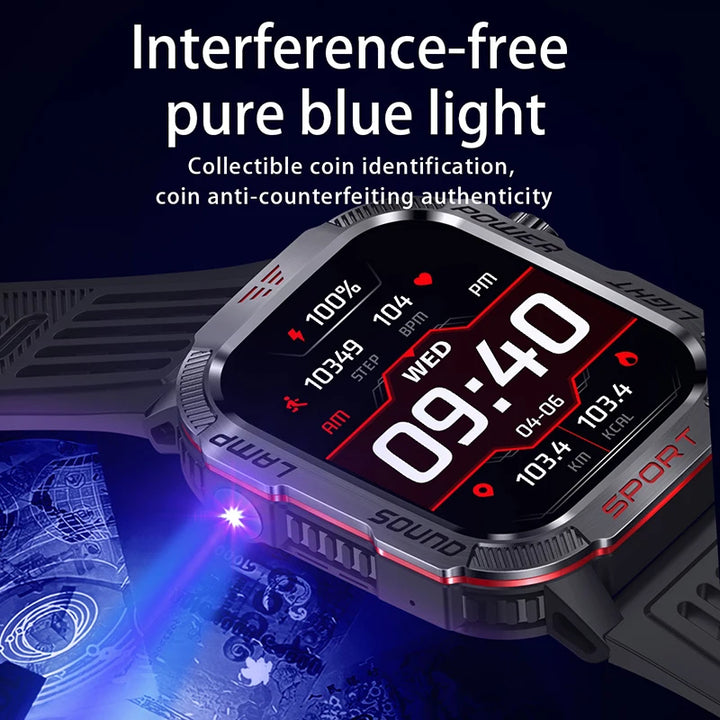 Next-Gen Wearable: LED Flashlight Smartwatch for Men - 600mAh, Bluetooth Calls & Heart Rate
