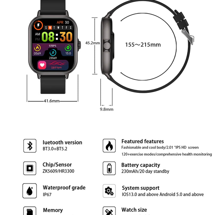 2025 Smartwatch 2.01" – Bluetooth Calls & Music, Waterproof, Fitness Tracker