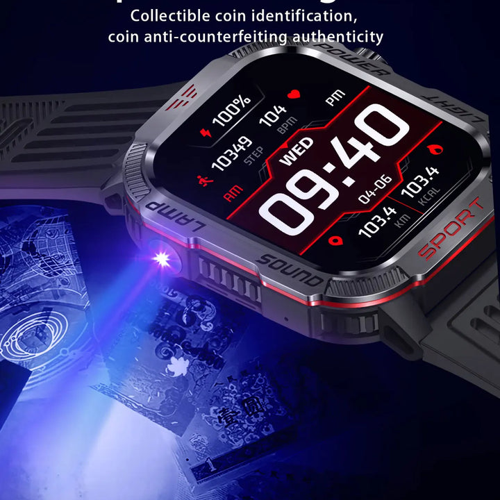 Next-Gen Wearable: LED Flashlight Smartwatch for Men - 600mAh, Bluetooth Calls & Heart Rate