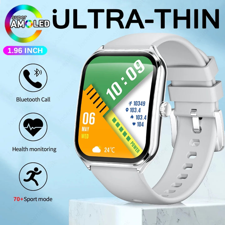 2025 Ultra-Thin Smartwatch 7.5mm – 1.96" AMOLED, BT Calls, Fitness, Waterproof