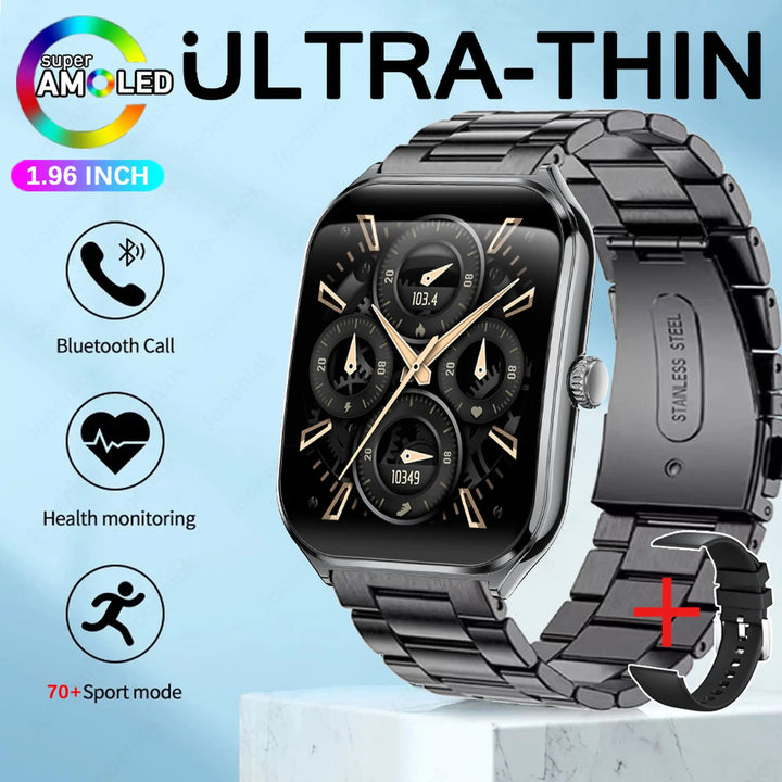2025 Ultra-Thin Smartwatch 7.5mm – 1.96" AMOLED, BT Calls, Fitness, Waterproof