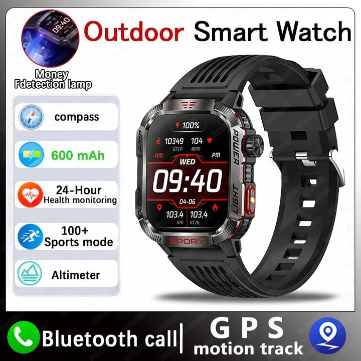 Next-Gen Wearable: LED Flashlight Smartwatch for Men - 600mAh, Bluetooth Calls & Heart Rate