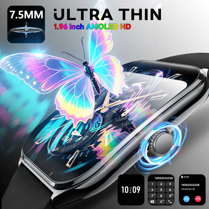 2025 Ultra-Thin Smartwatch 7.5mm – 1.96" AMOLED, BT Calls, Fitness, Waterproof