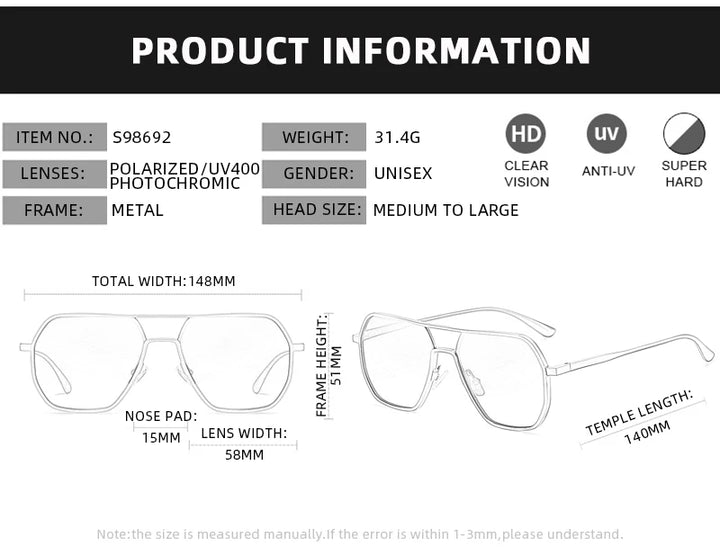 Luxury Metal Photochromic Sunglasses – Polarized, Chameleon Lenses, UV400